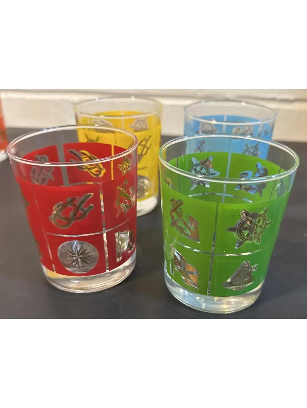 4 Vtg MCM Blue, Yellow, Red & Green Nautical Ship Whiskey Rocks Glasses France